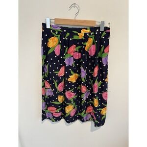 Vintage anne crimmins for umi‎ collections Silk Midi Skirt Navy Floral Size 8